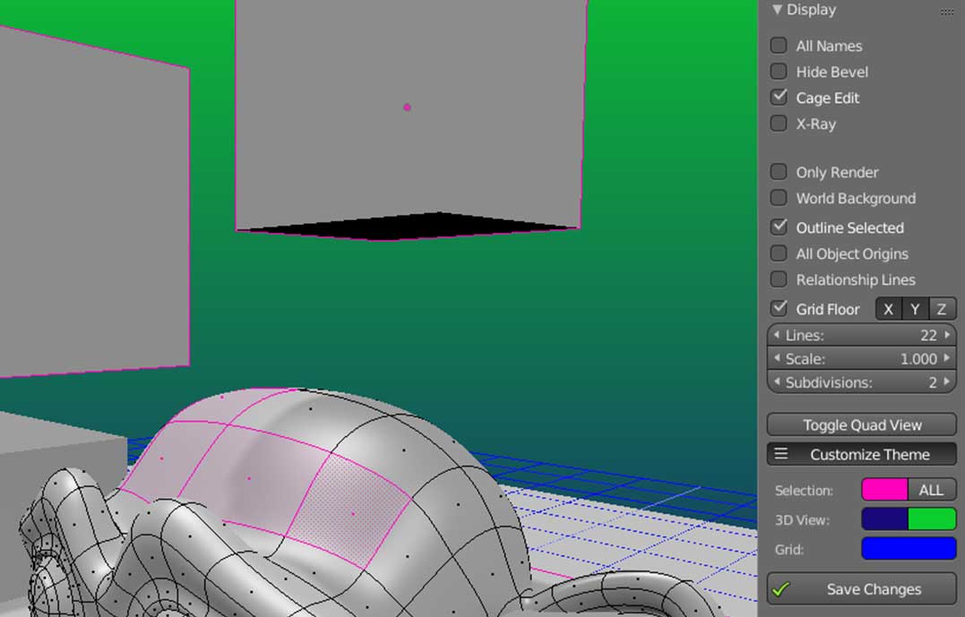 Neon green and pink wireframe mesh in Blender.